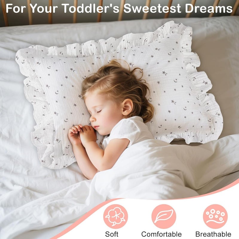Basumee Toddler Pillowcase 13x18 inch 2 Pack Muslin Pillow Covers for Boys and Girls Soft Breathable Ruffle Edge Pillow Case with Envelope Closure Travel and Nursery Bedding Decor, White Stars - Image 2